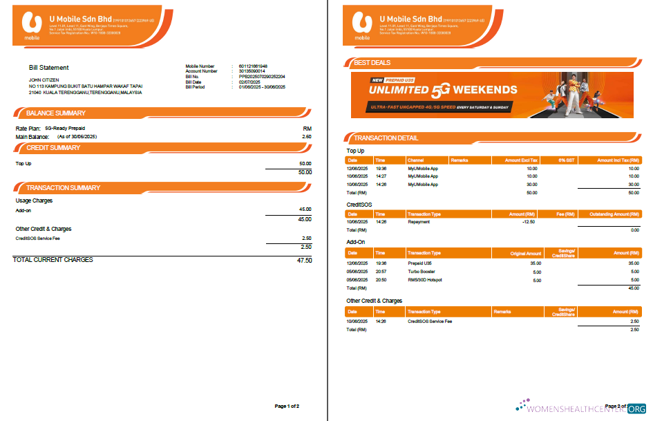 download Malaysia U Mobile utility bill template in Word and PDF formats, 2 pages, version 2 PDF template